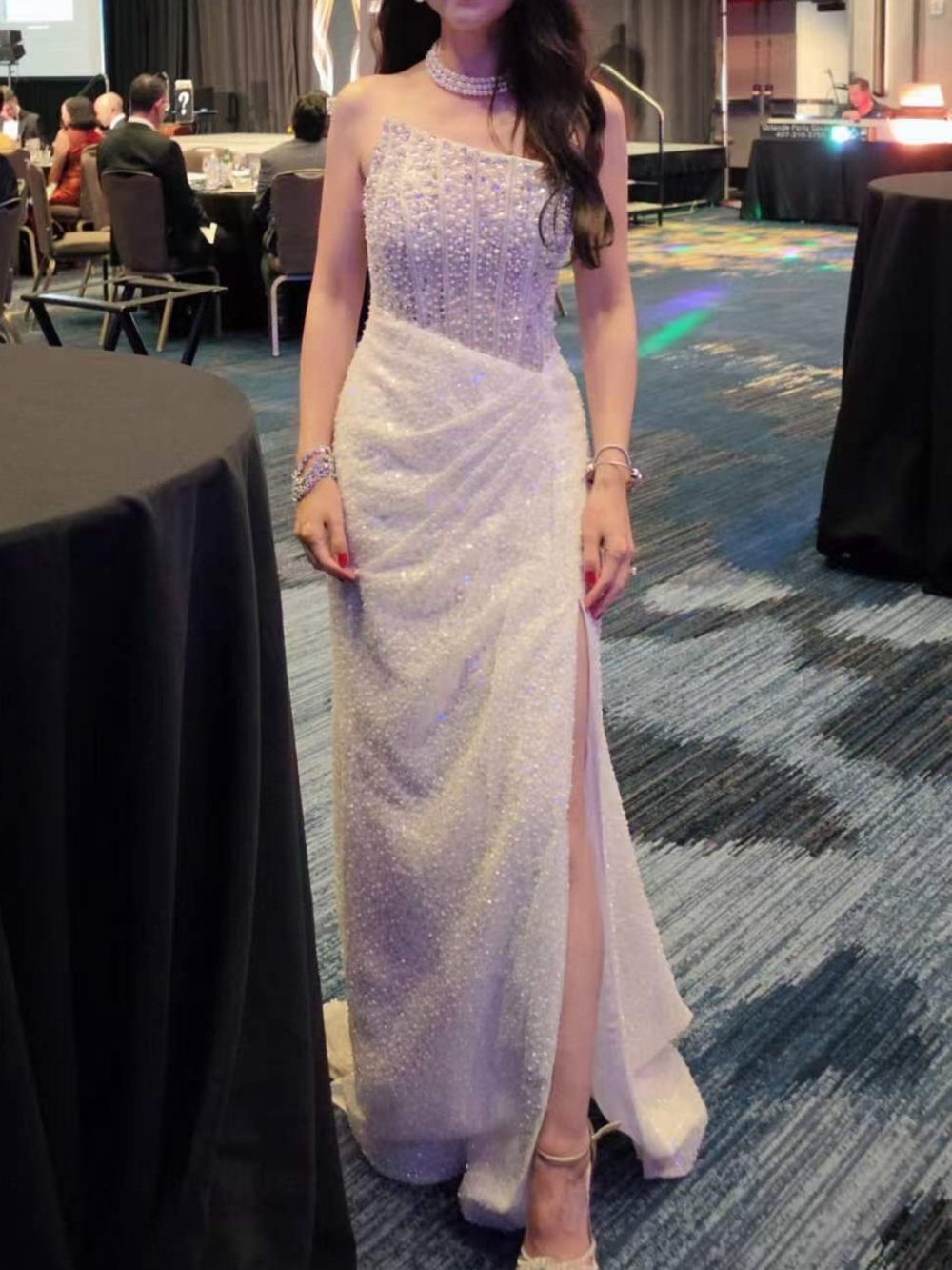 Portia and Scarlett One-Shoulder White Beaded Prom Gown with Slit